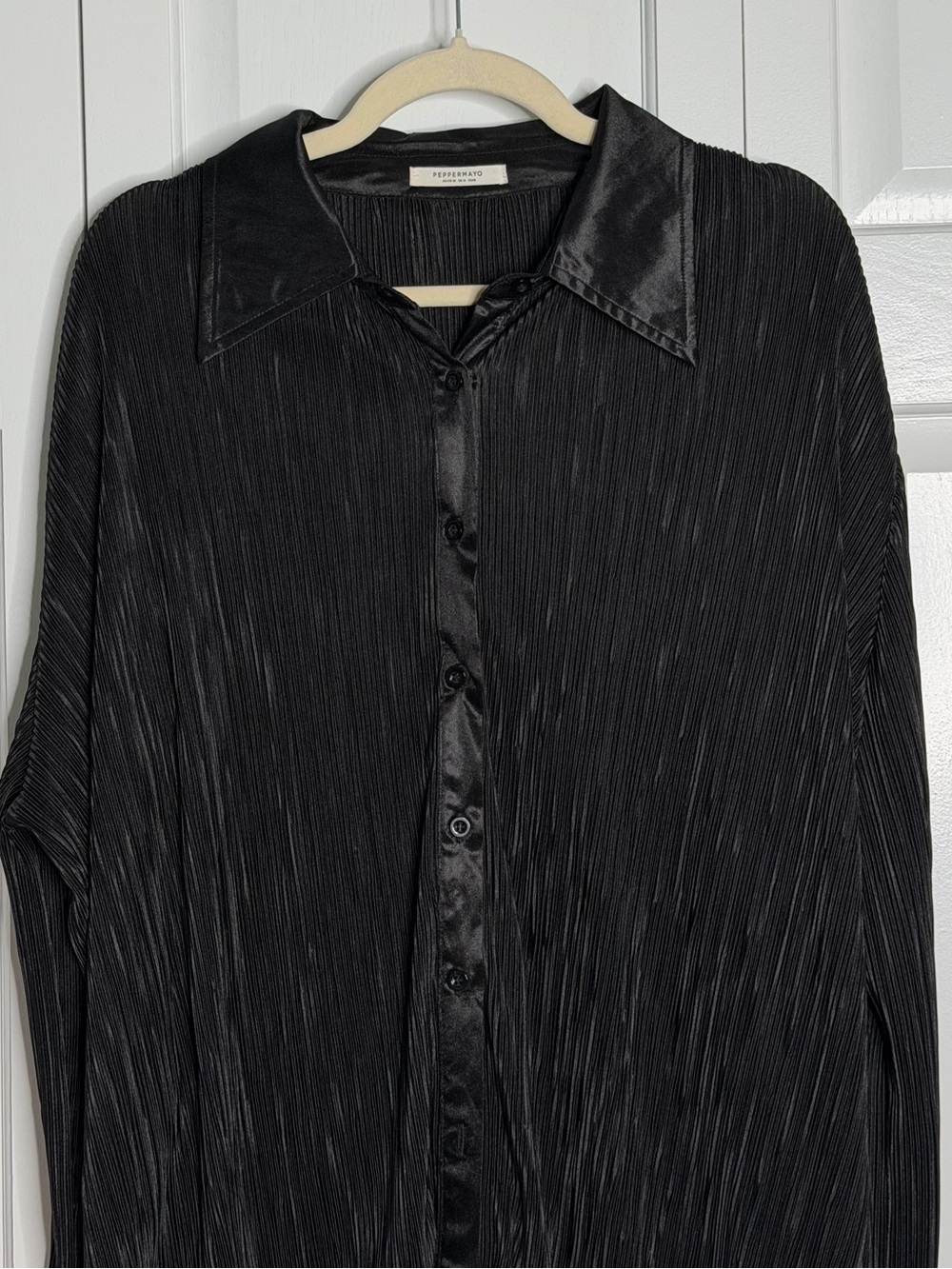 Peppermayo Black Pleated Satin-Trim Button-Down Shirt